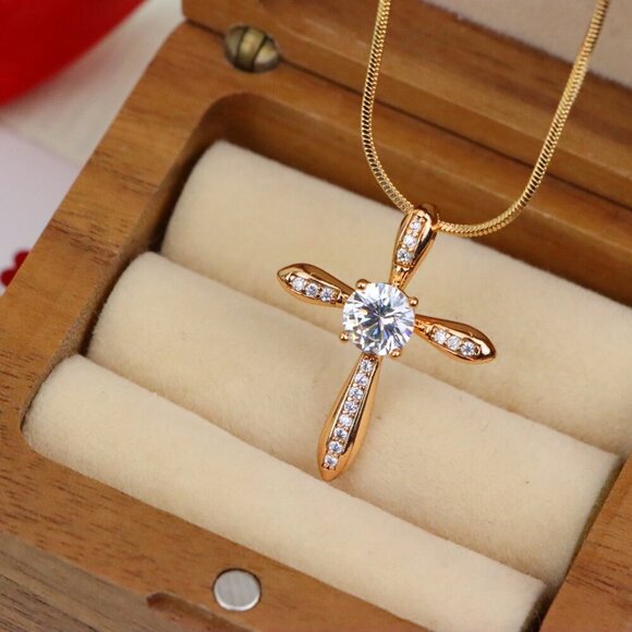 "Elegant Cross Pendant with Center Solitaire in Rose Gold Finish, XPPT1828 - Picture 6 of 13